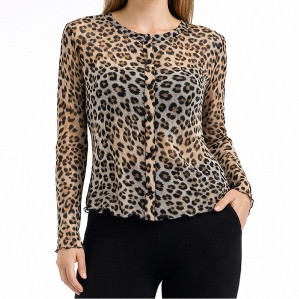 Sheer Leopard Print Button-Up Women's Blouse Top Party Casual Chic Coquette